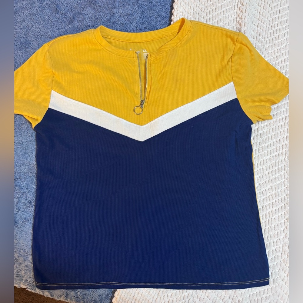 Yellow and Navy Zip-Front Top